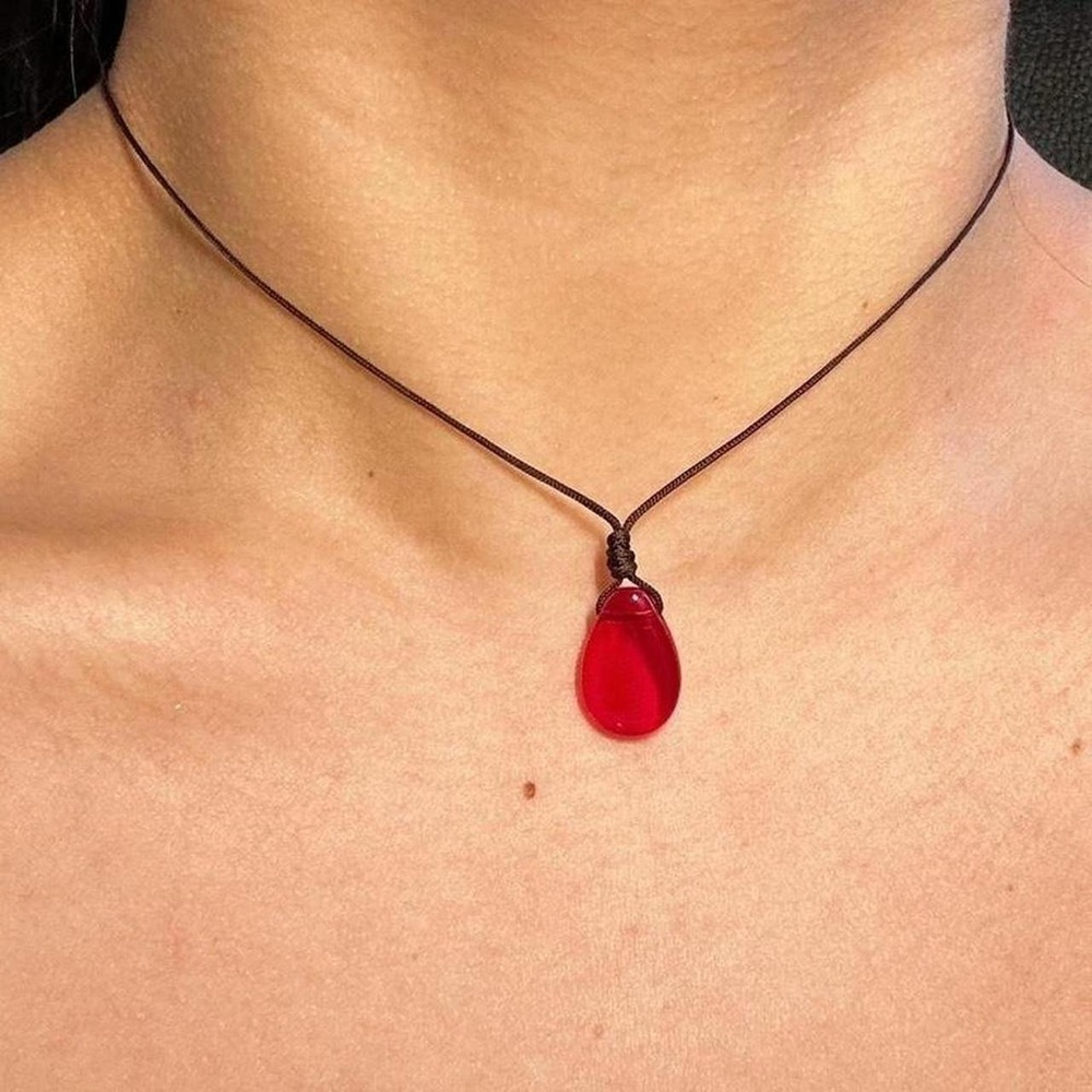 Red czech glass adjustable choker necklace boho dainty cord brown earthy